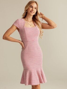 Grace Karin Pink Tweed Fishtail Sweetheart Neckline Dress Size Medium NWT